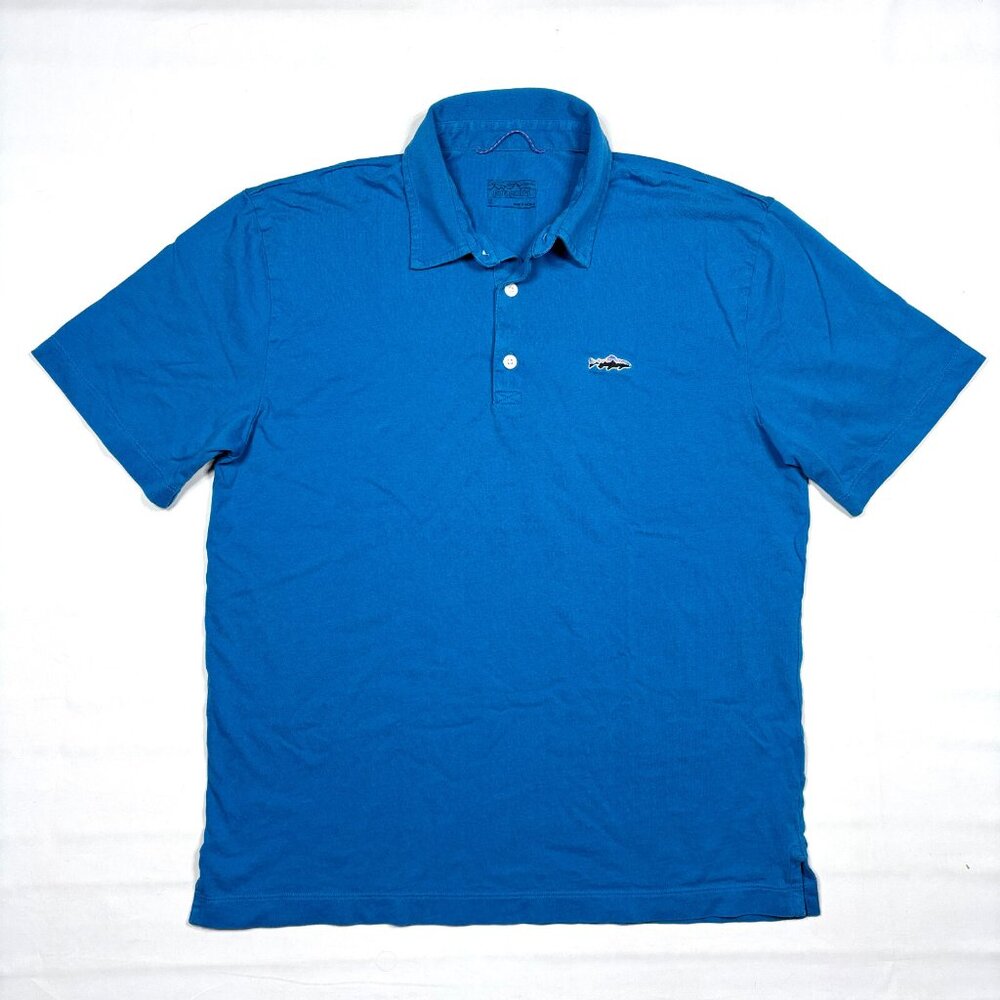 Patagonia Trout Fitz Roy Blue Organic Cotton Polo Shirt Mens Small S Fishing